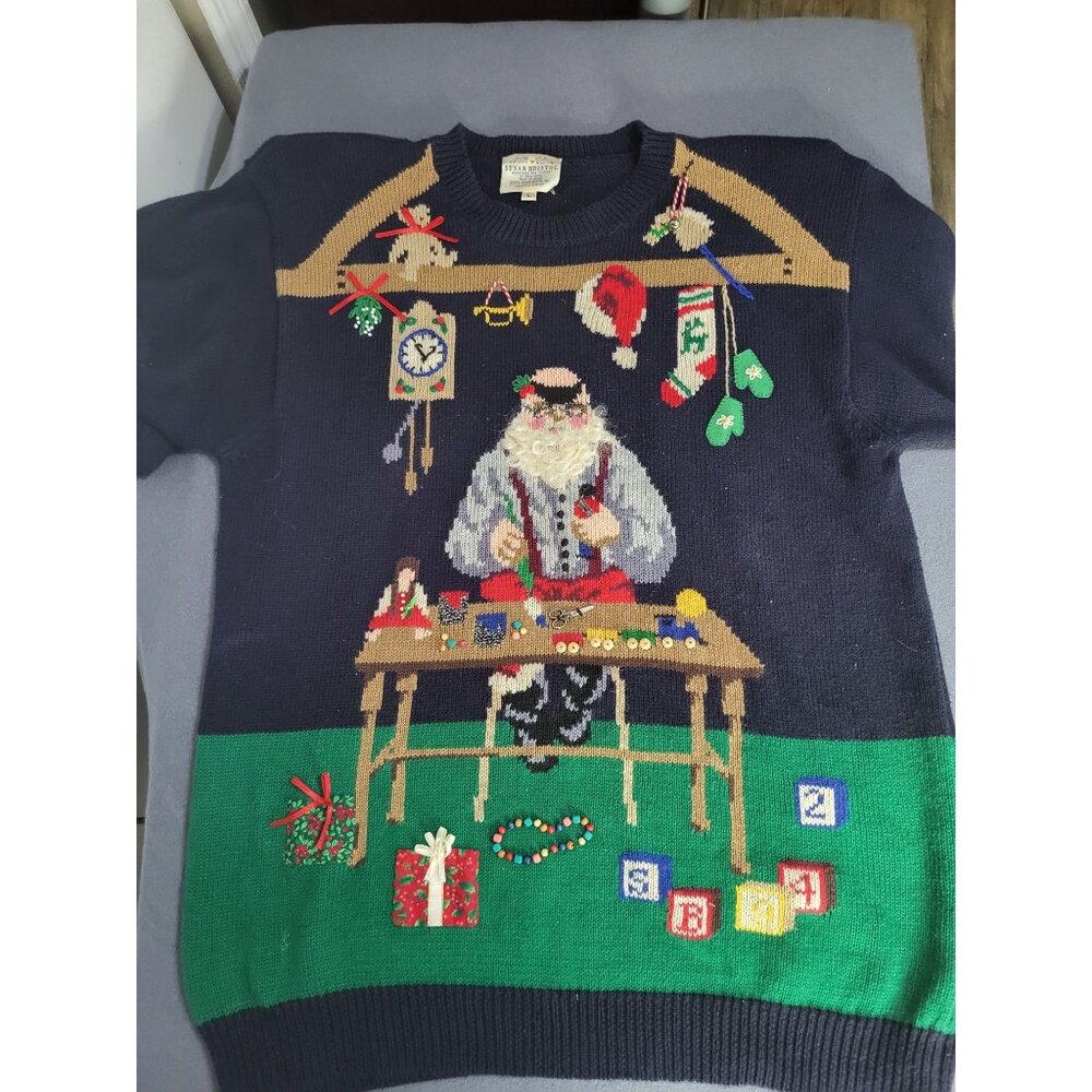 VTG 90s Susan Bristol Navy Santa's Workshop Embroidered Ugly Christmas Sweater L